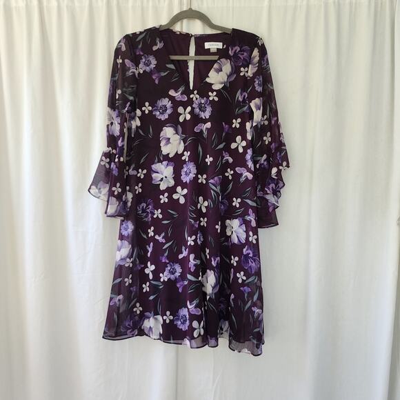 Calvin Klein Floral Print Long bell Sleeve mini Dress 6 purple romantic ruffle - Picture 9 of 11